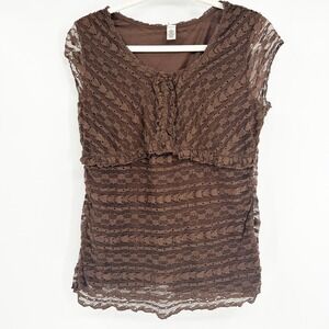 Merona Womens Y2K Whimsigoth Fairycore Lace Overlay Babydoll‎ Top Size L Brown